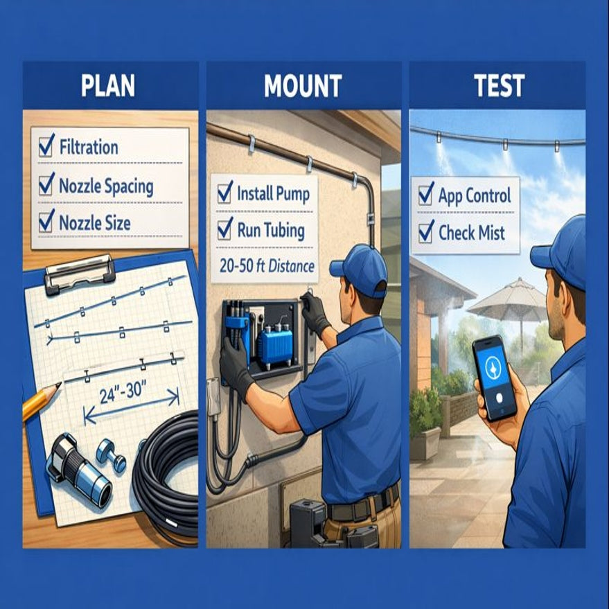 Triptych digital illustration showing high-pressure mist, pump, and installation workflow.