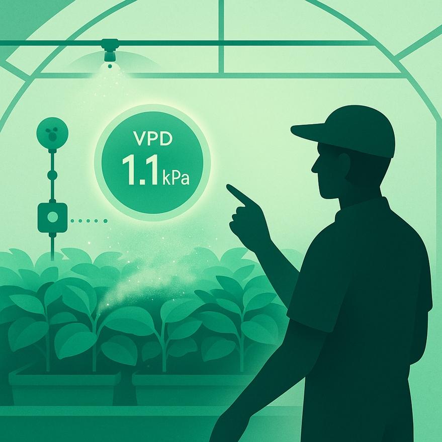 Stylized illustration of a greenhouse canopy audit: figure reviewing VPD sensor readout above plants as fine mist evaporates.