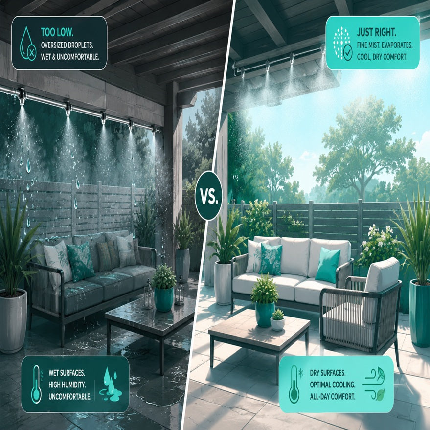 Split patio illustration showing wet oversized mist droplets on one side and dry fine evaporating mist on the other.
