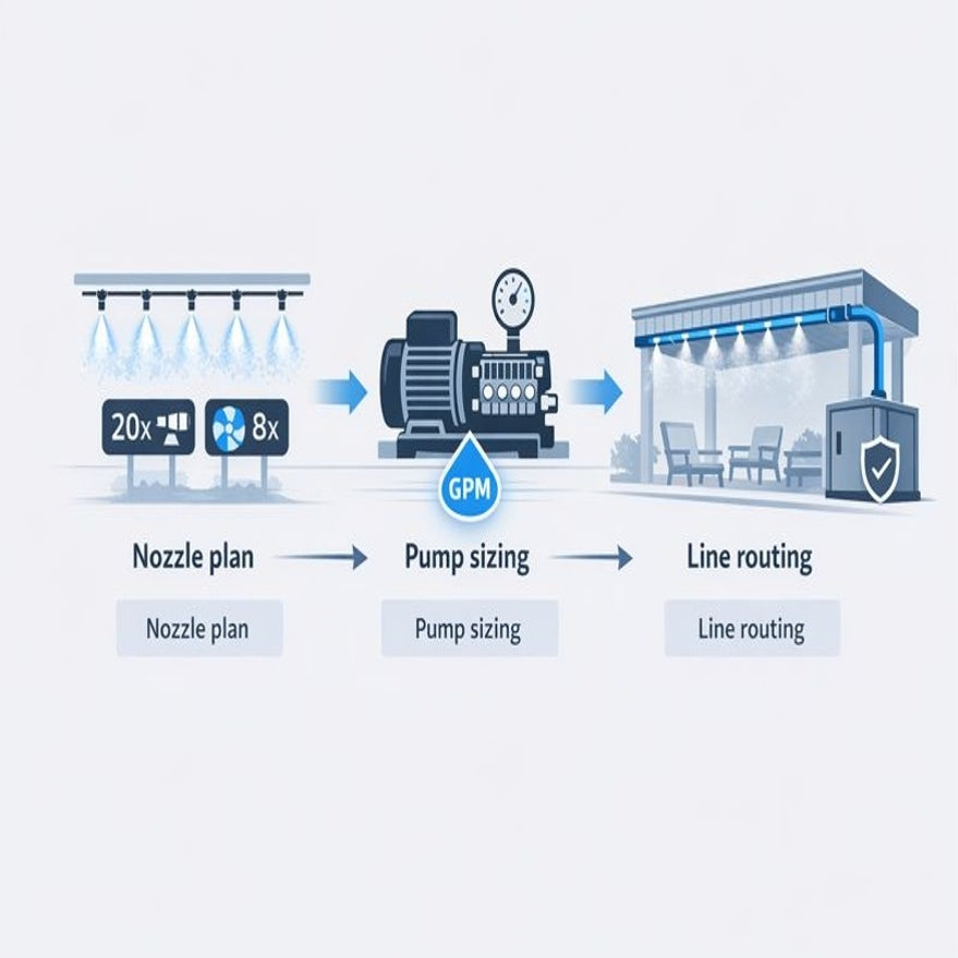 Infographic-style illustration showing endpoint → pump → high-pressure line sequence for misting system specification.