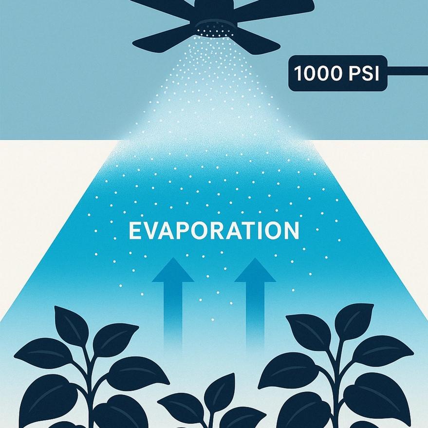 Cutaway illustration of ultra-fine mist evaporating before reaching greenhouse leaves, showing dry cooling and no leaf wetness.