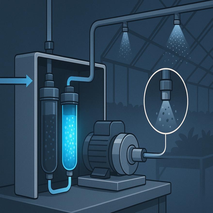 Cutaway illustration of a high-pressure misting filtration stack showing sediment and phosphate filters before the pump.