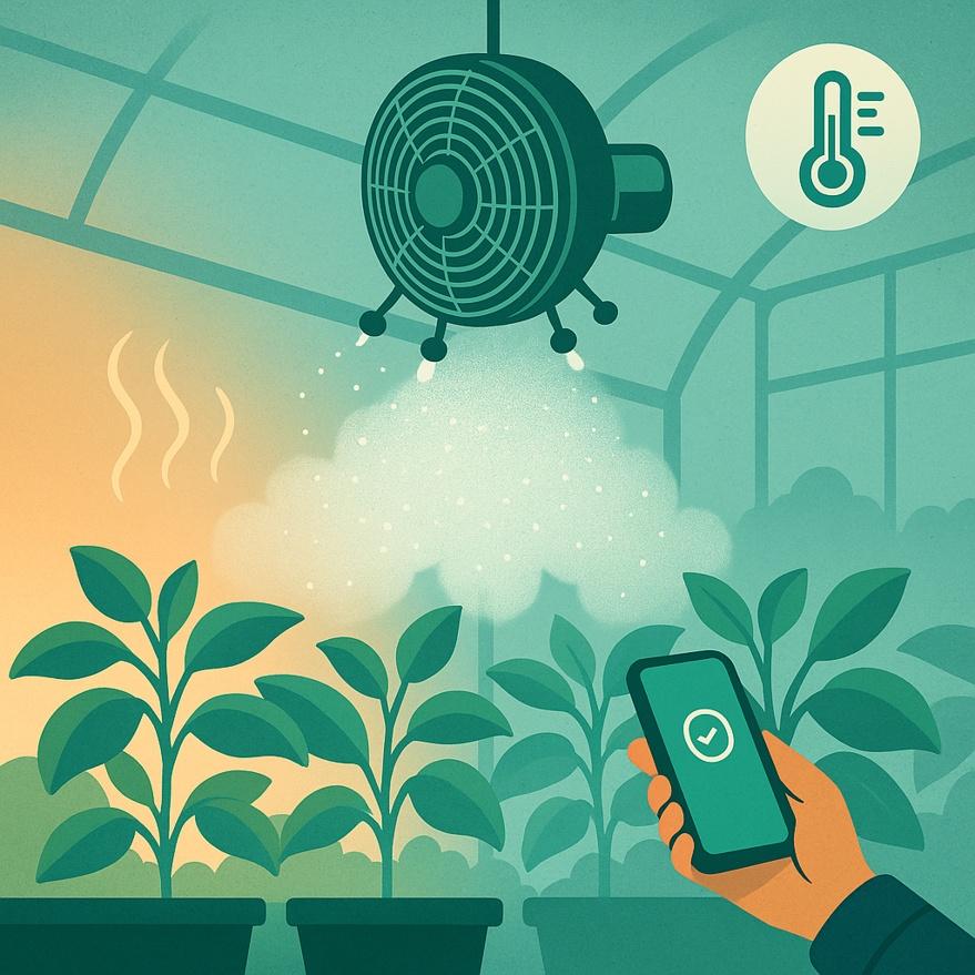 Stylized illustration of a ceiling misting fan releasing ultra-fine mist that evaporates mid-air, leaving plant leaves dry.