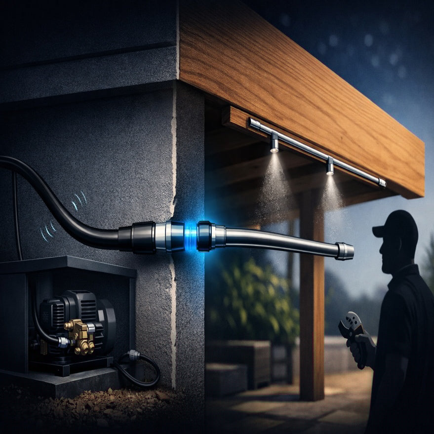 Stylized illustration of hybrid misting tubing: nylon from pump transitioning to stainless runs under a pergola.