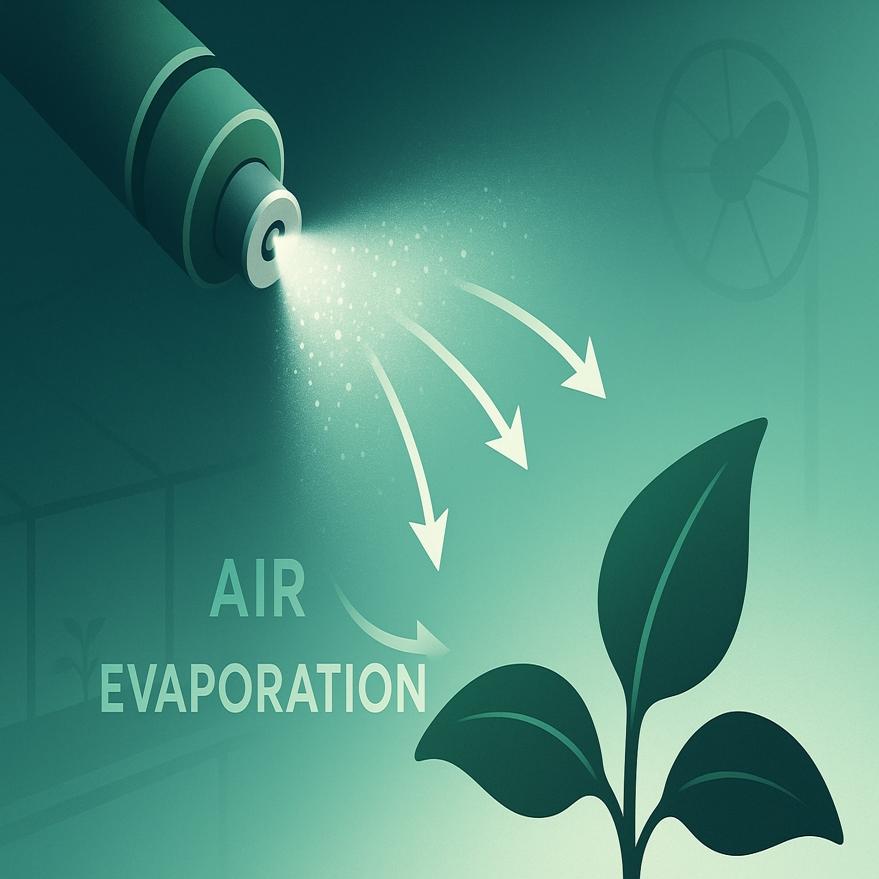 Close-up illustration of 1000 PSI micro-mist flash-evaporating above plant foliage.