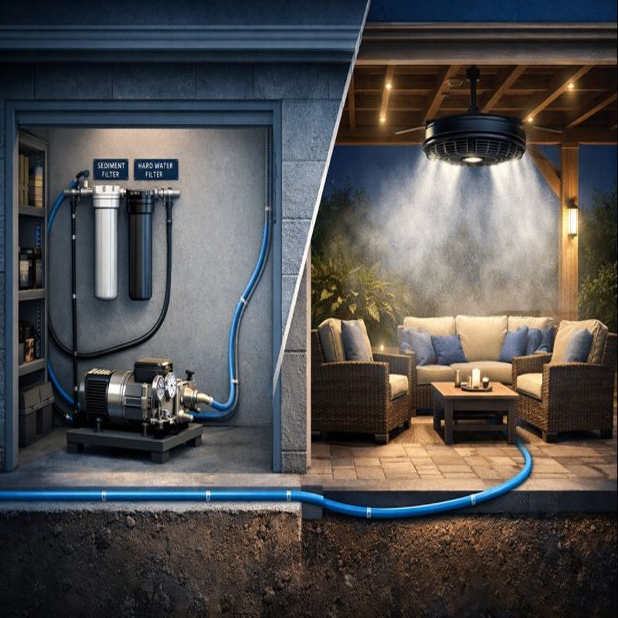 Cutaway showing remote pump with sediment and hard-water filters feeding a patio ceiling misting fan.