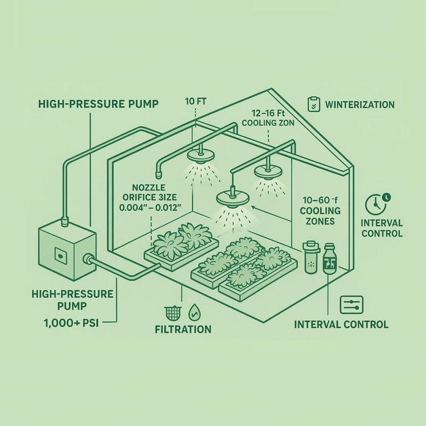 Isometric blueprint of a greenhouse misting system showing pump, high-pressure lines, ceiling fans with nozzle callouts.