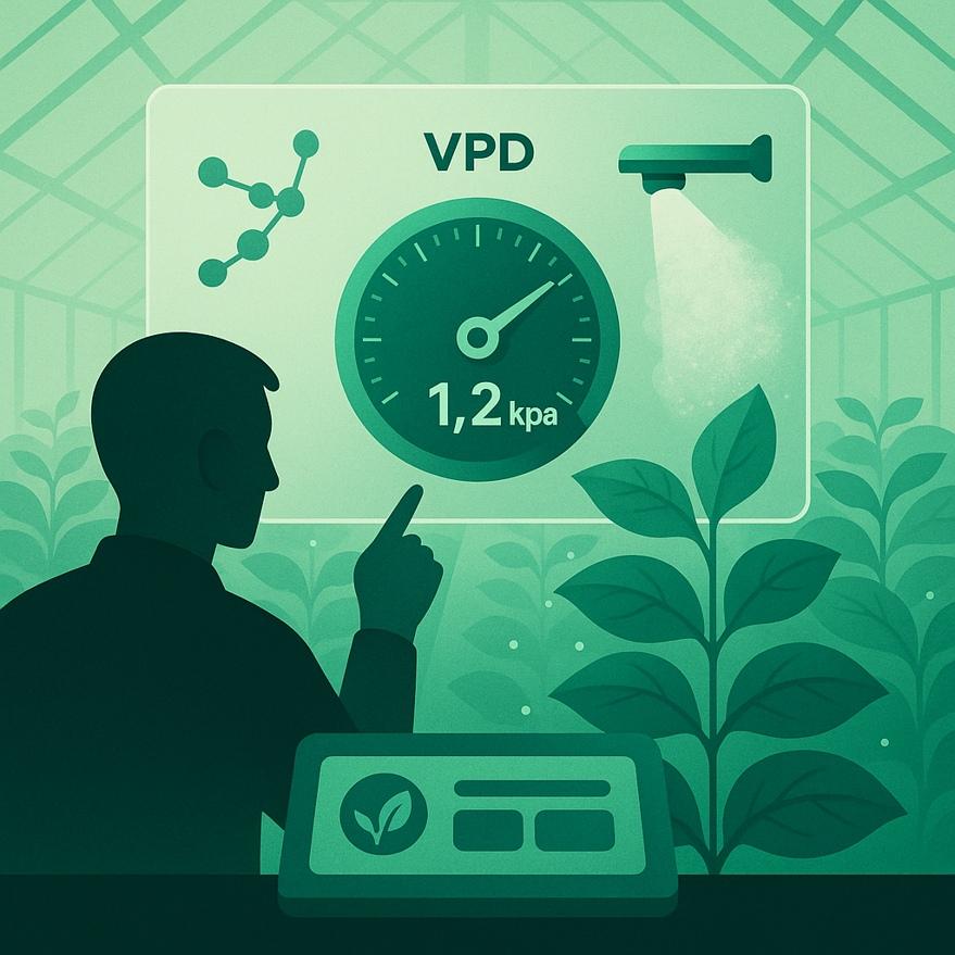 Stylized greenhouse: technician checks VPD gauge and sensors as high-pressure mist flashes to vapor before leaves.