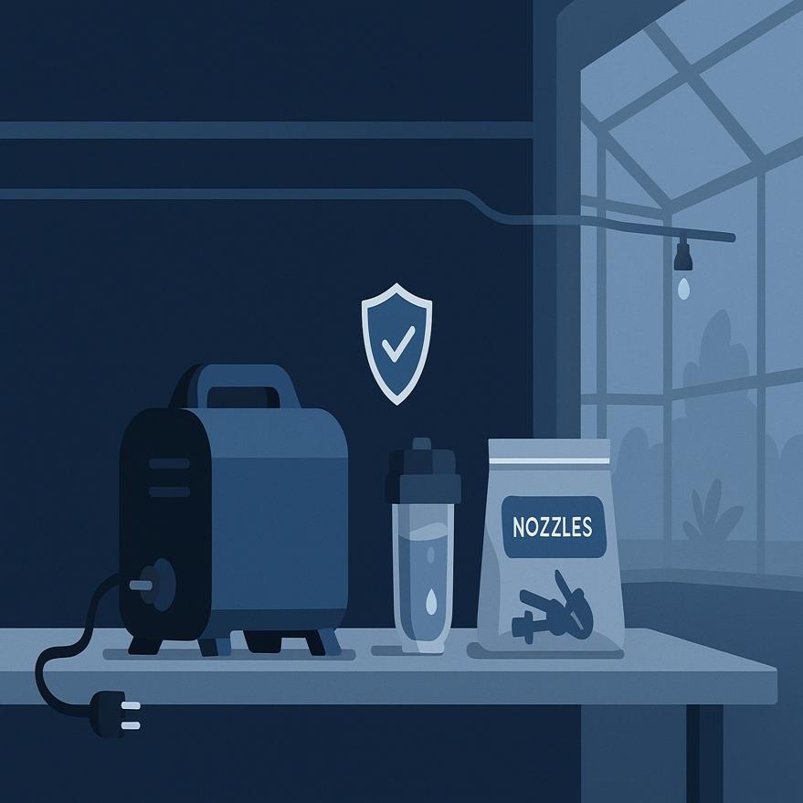 Flat illustration of a grower draining pump, filter, and lines to winterize a 1000 PSI high-pressure misting system.