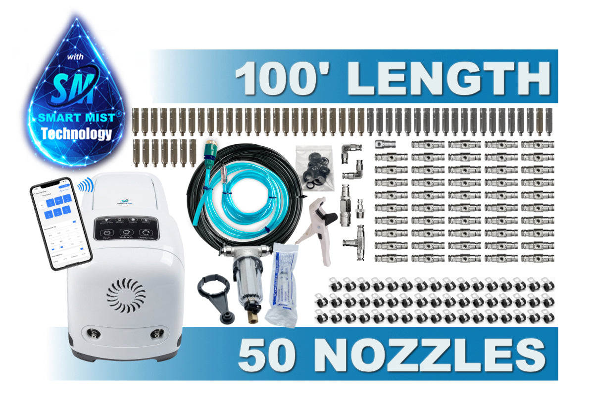 100 ft. - 50 nozzle high pressure misting system w/app control. DIY misting system  Kit with optional stainless steel tubing