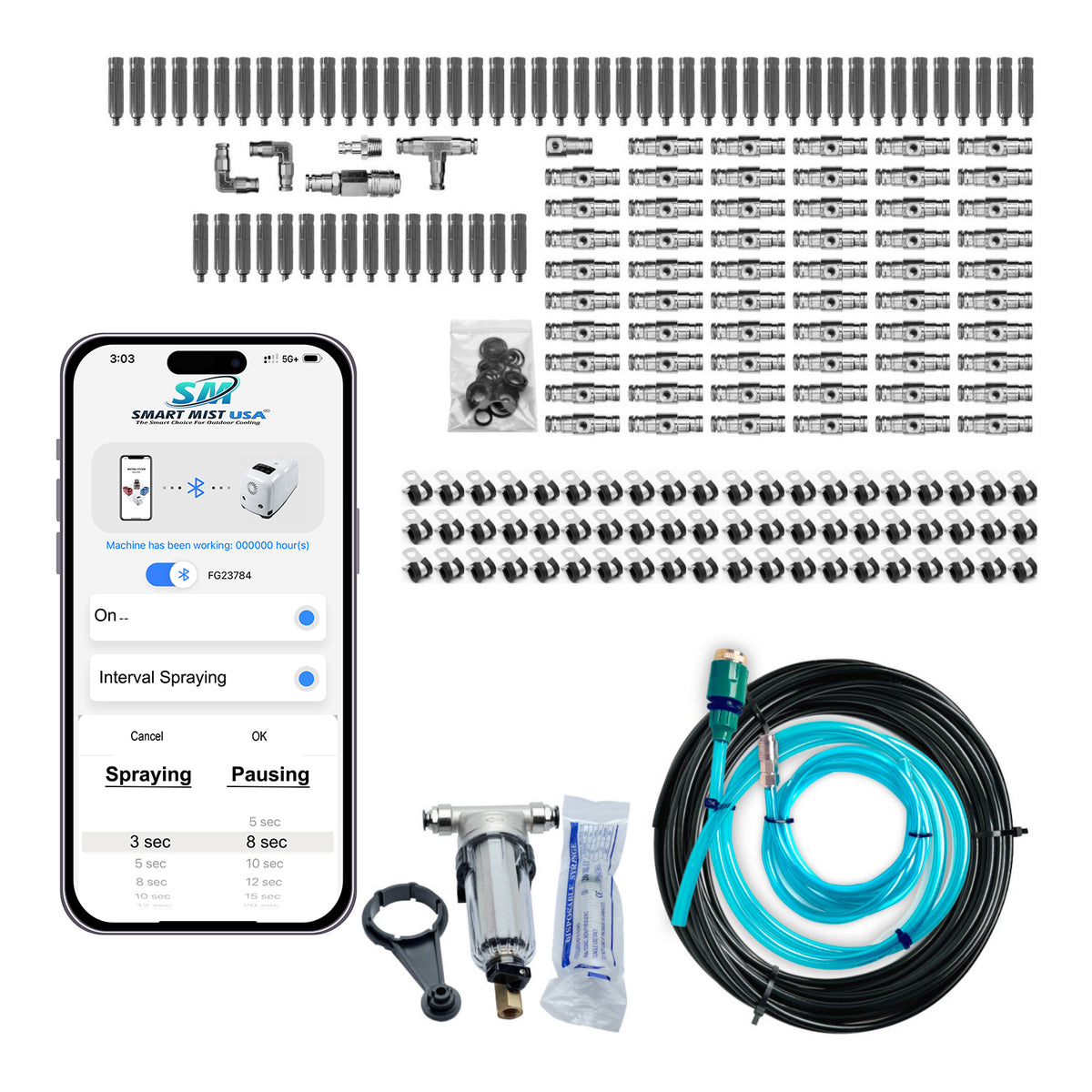 120 ft.- 60 nozzle high pressure misting system w/app control. DIY misting system  Kit with optional stainless steel tubing