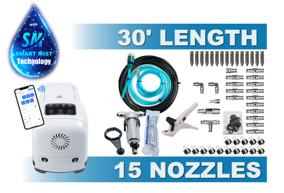 30 ft. - 15 Nozzle High pressure misting system w/app control. DIY misting system kit, Patio misting system kit with optional stainless steel tubing.