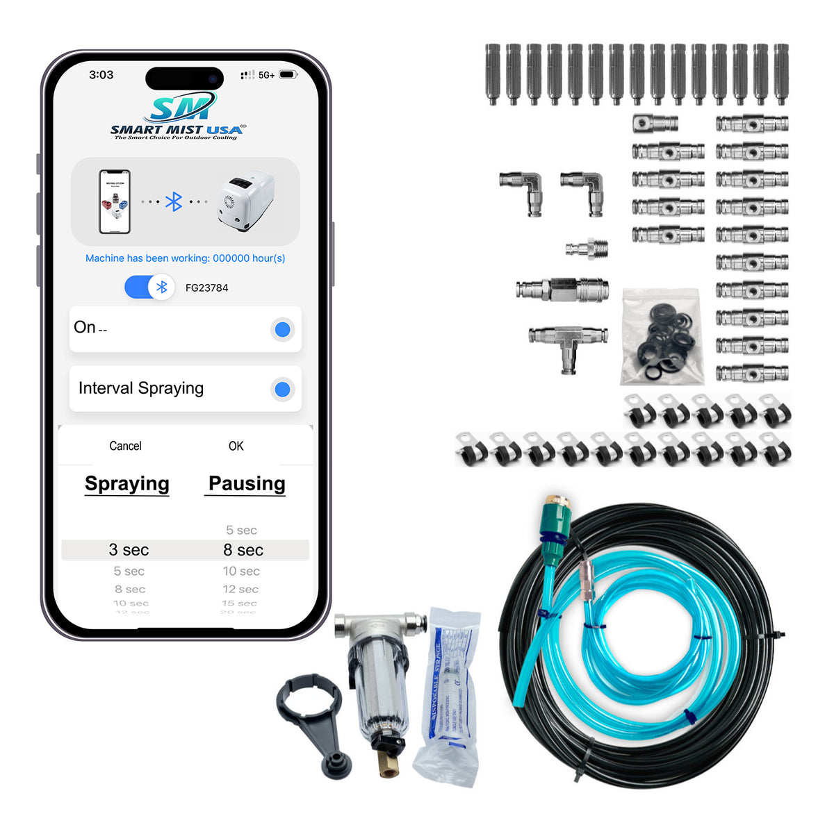 30 ft. - 15 Nozzle High pressure misting system w/app control. DIY misting system kit, Patio misting system kit with optional stainless steel tubing.