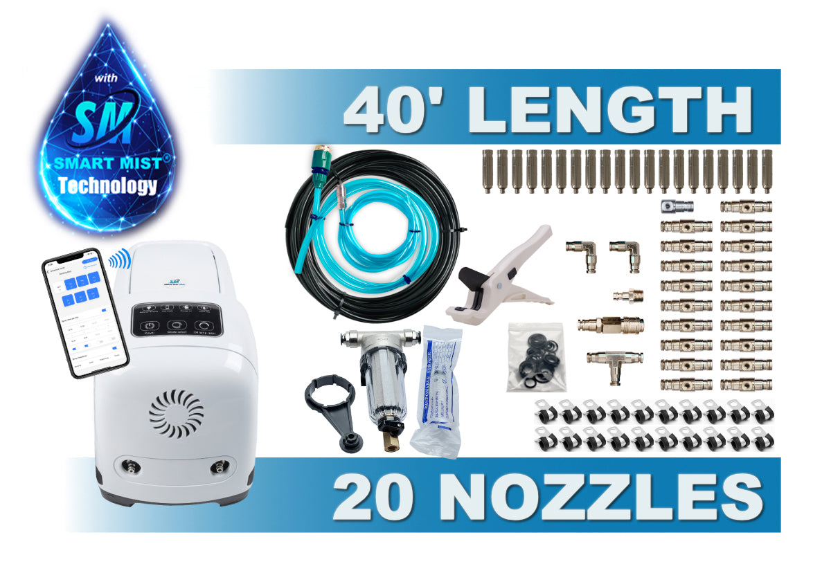 40 ft.- 20 Nozzle high pressure misting system w/app control. DIY misting system Kit with optional stainless steel tubing.