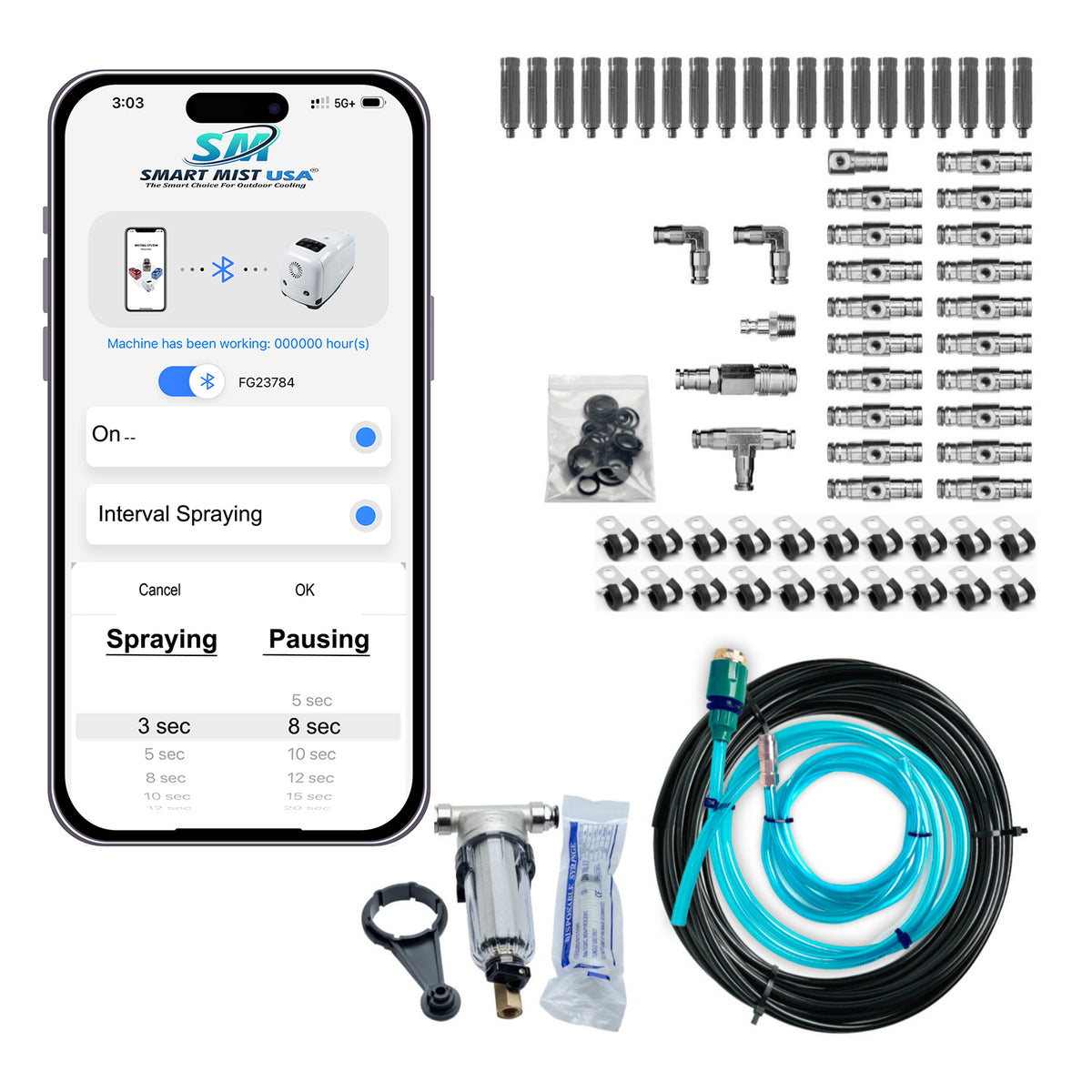40 ft.- 20 Nozzle high pressure misting system w/app control. DIY misting system Kit with optional stainless steel tubing.