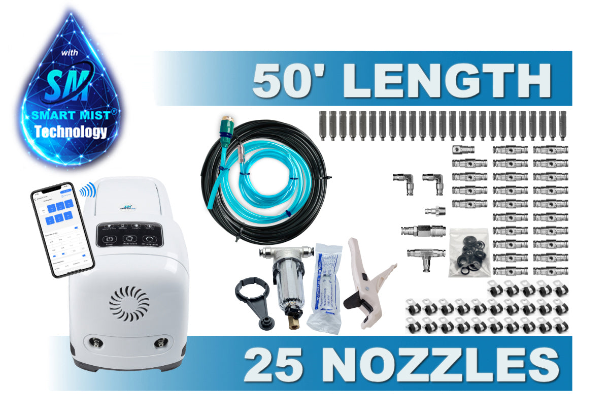50 ft.- 25 Nozzle high pressure misting system w/app control. DIY misting system Kit with optional stainless steel tubing.