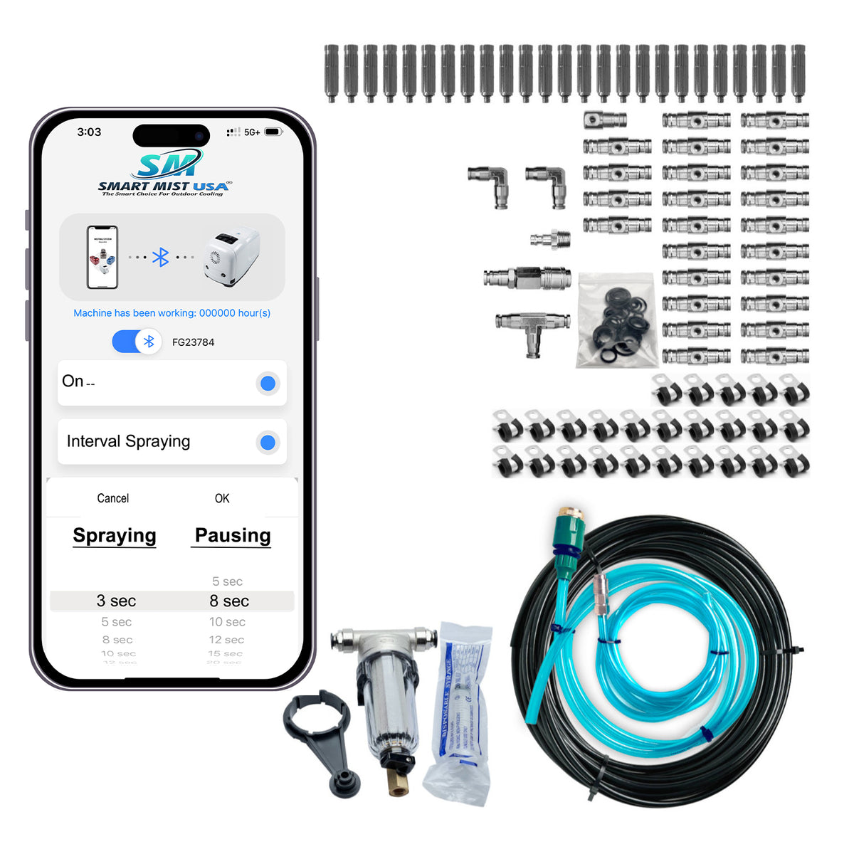 50 ft.- 25 Nozzle high pressure misting system w/app control. DIY misting system Kit with optional stainless steel tubing.