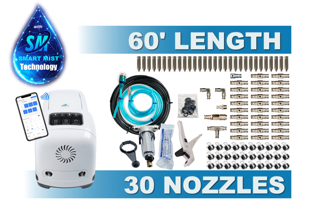 60 ft. - 30 nozzle high pressure misting system w/app control. DIY misting system  Kit with optional stainless steel tubing