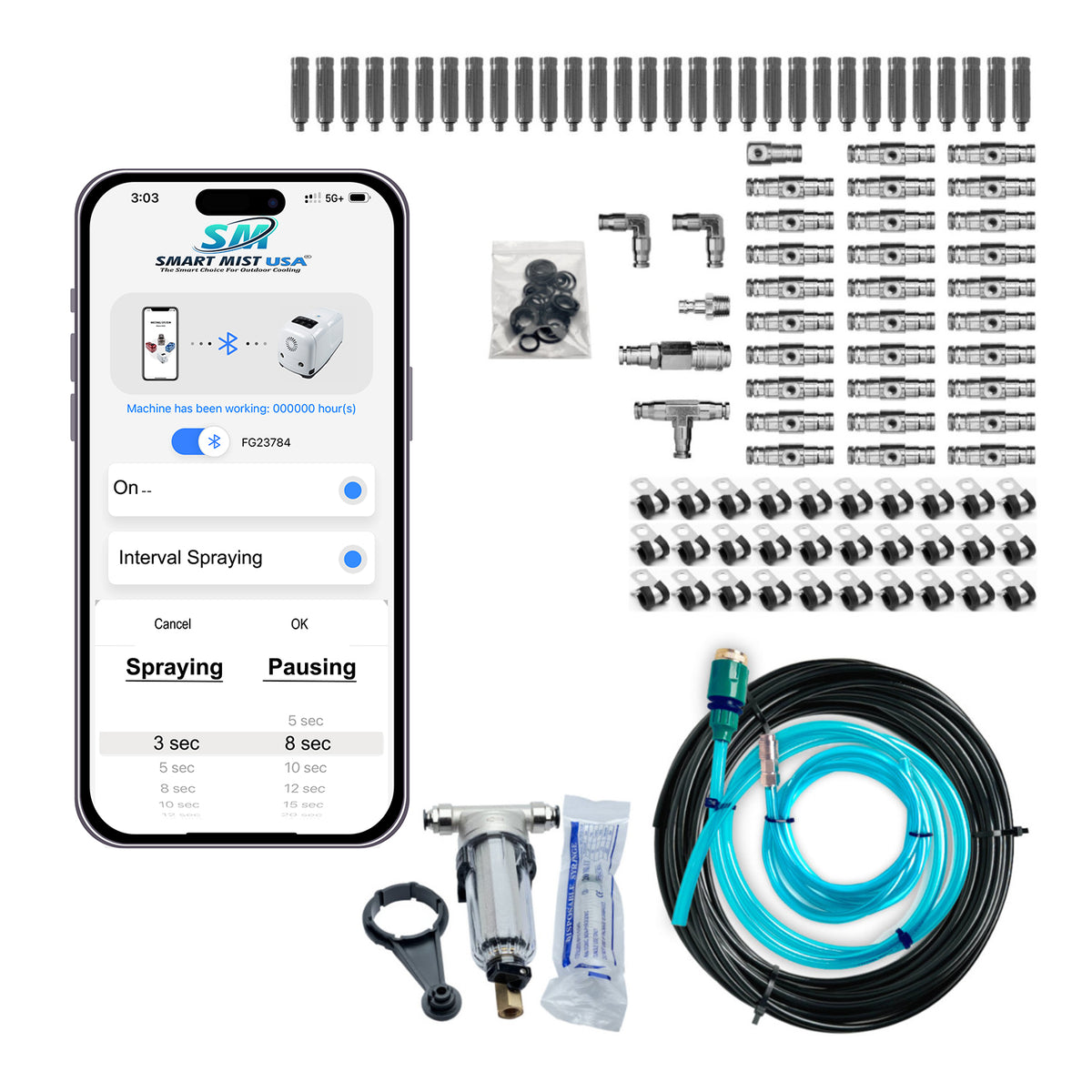 60 ft. - 30 nozzle high pressure misting system w/app control. DIY misting system  Kit with optional stainless steel tubing