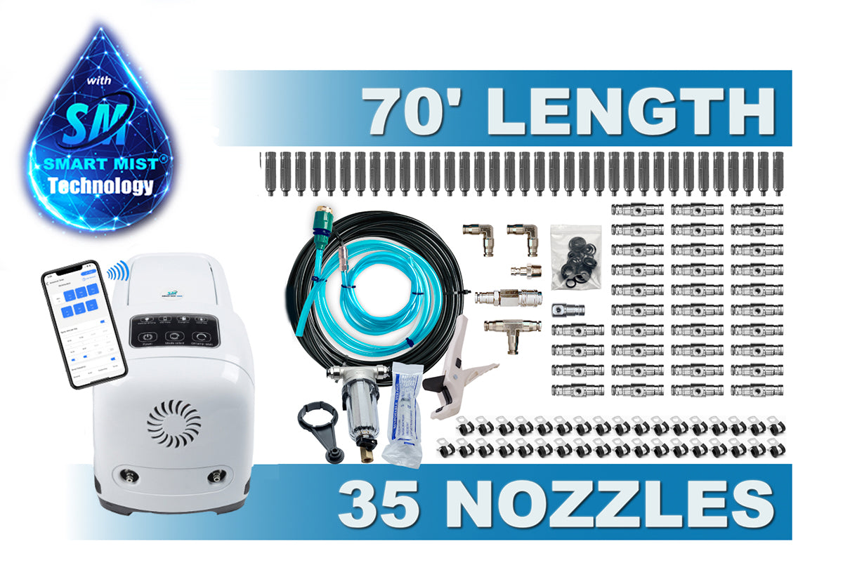 70 ft. - 35 nozzle high pressure misting system w/app control. DIY misting system Kit with optional stainless steel tubing
