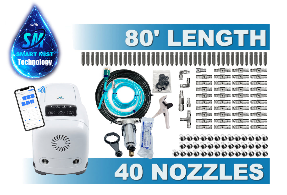 80 ft.- 40 nozzle high pressure misting system w/app control. DIY misting system Kit with optional stainless steel tubing