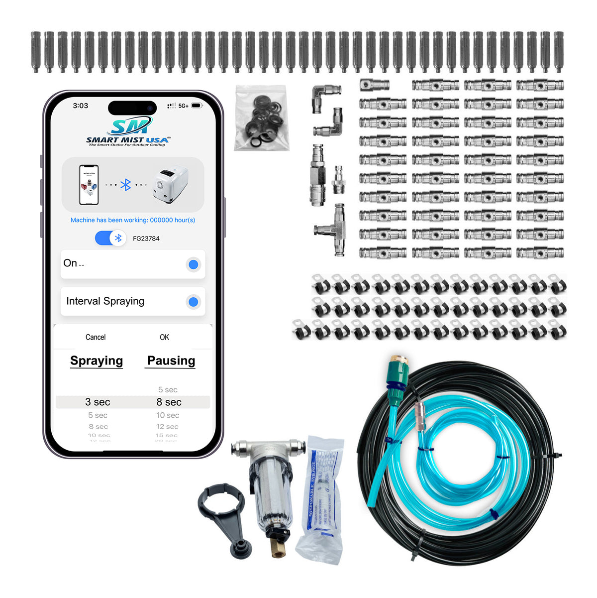80 ft.- 40 nozzle high pressure misting system w/app control. DIY misting system Kit with optional stainless steel tubing