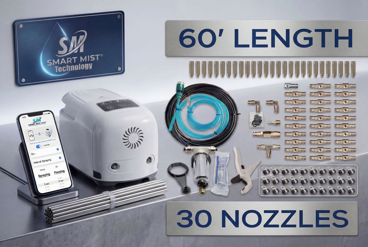 60 ft. - 30 nozzle high pressure misting system w/app control. DIY misting system Kit with optional stainless steel tubing
