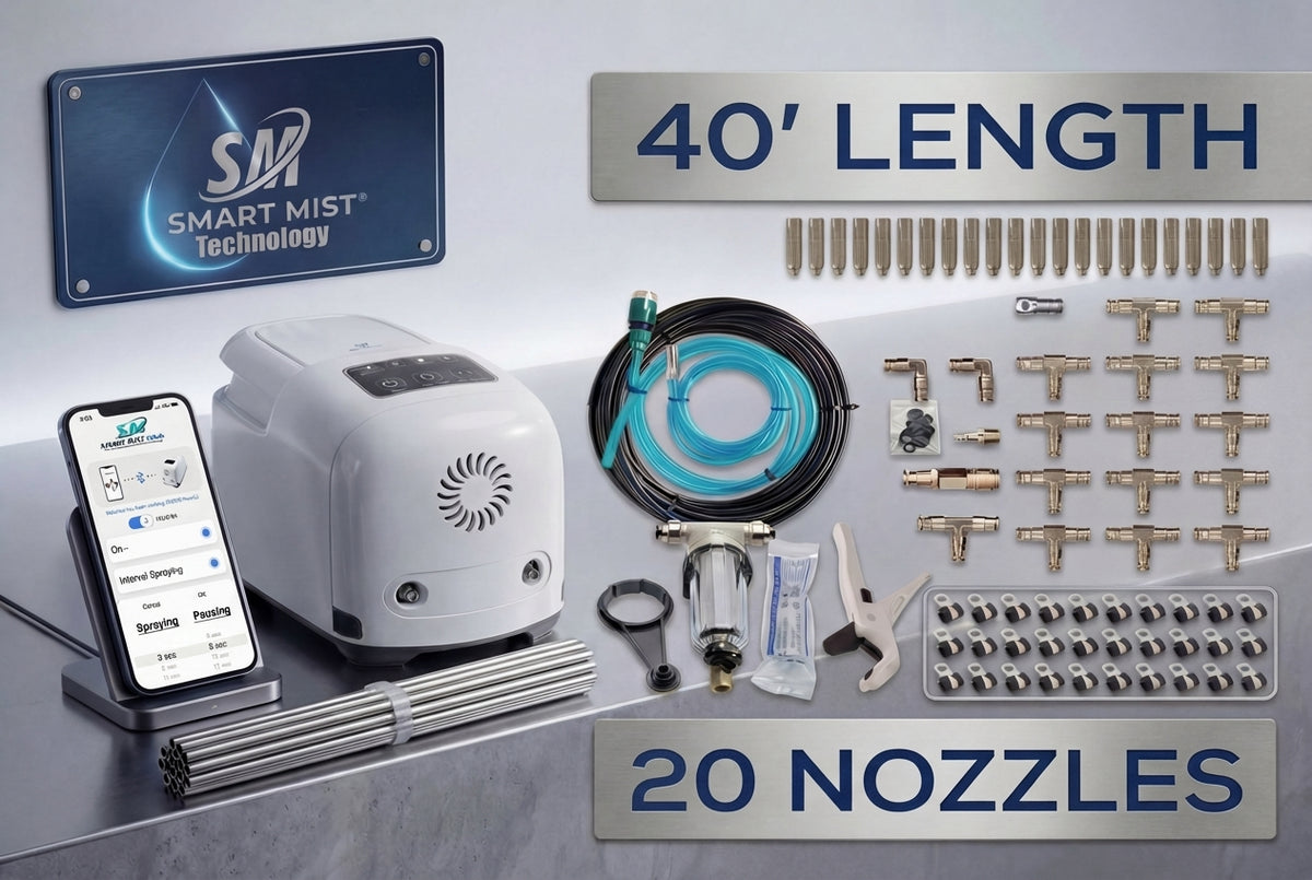 40 ft.- 20 Nozzle high pressure misting system w/app control. DIY misting system Kit with optional stainless steel tubing.