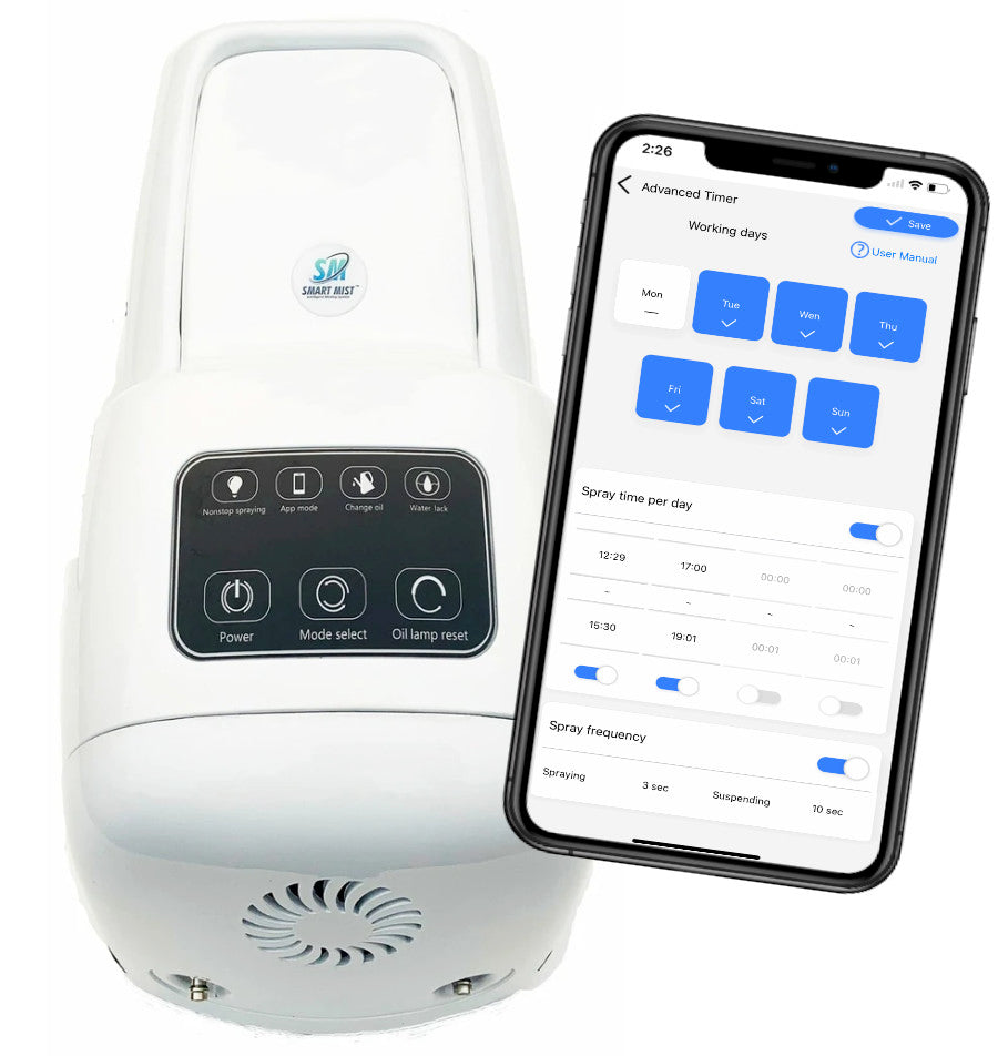 Smart Mist device with smartphone app showing timer and spray frequency settings.