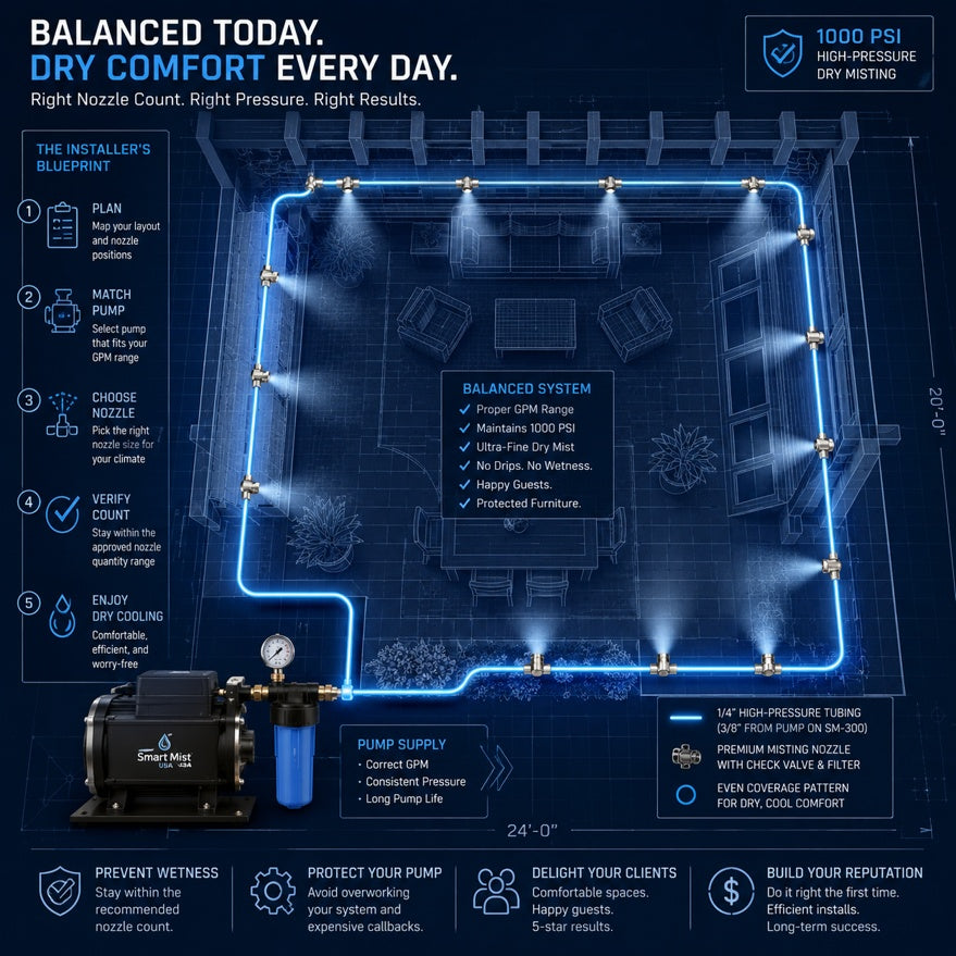 Balanced blueprint of a high-pressure patio misting system showing pump sizing, nozzle layout, and dry cooling zones.