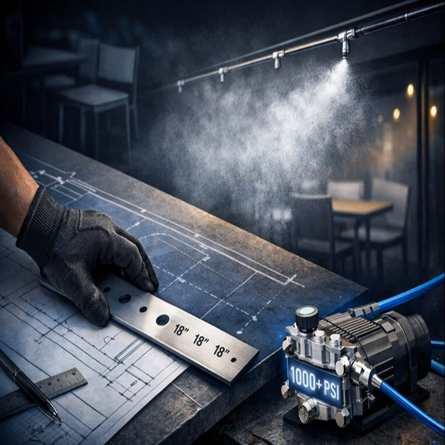Blueprint and ruler beside a 1000+ PSI misting pump, showing a fine mist line designed for dry patio cooling.
