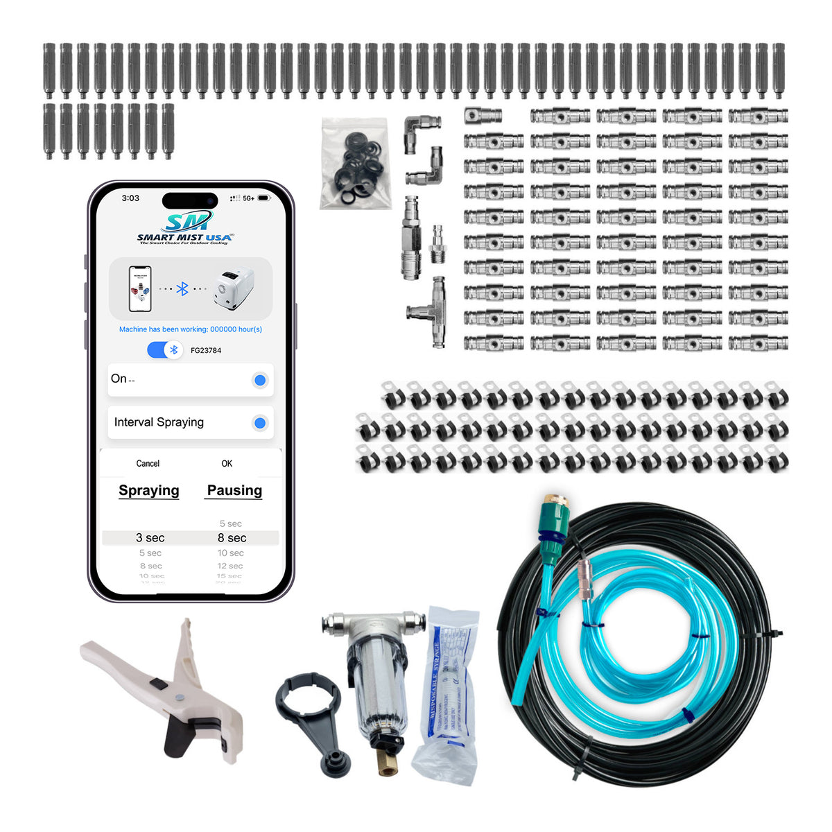 100 ft. - 50 nozzle high pressure misting system w/app control. DIY misting system  Kit with optional stainless steel tubing