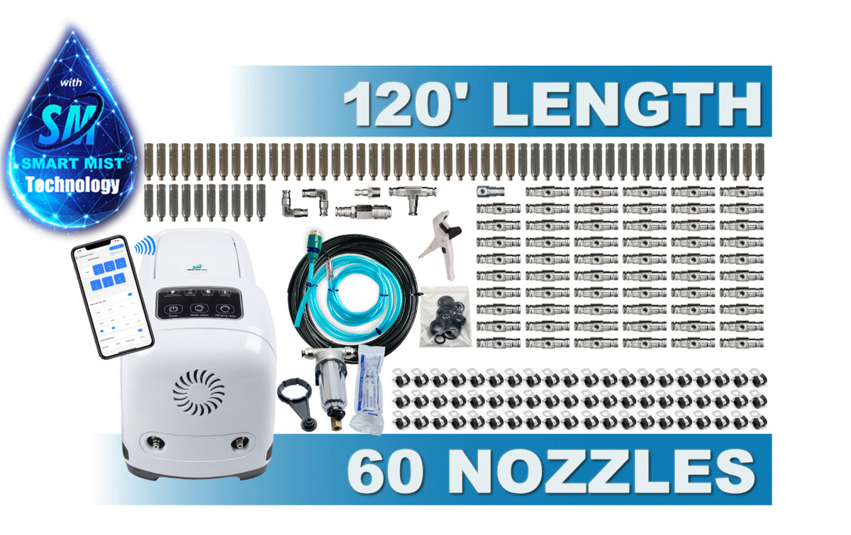 120 ft.- 60 nozzle high pressure misting system w/app control. DIY misting system  Kit with optional stainless steel tubing