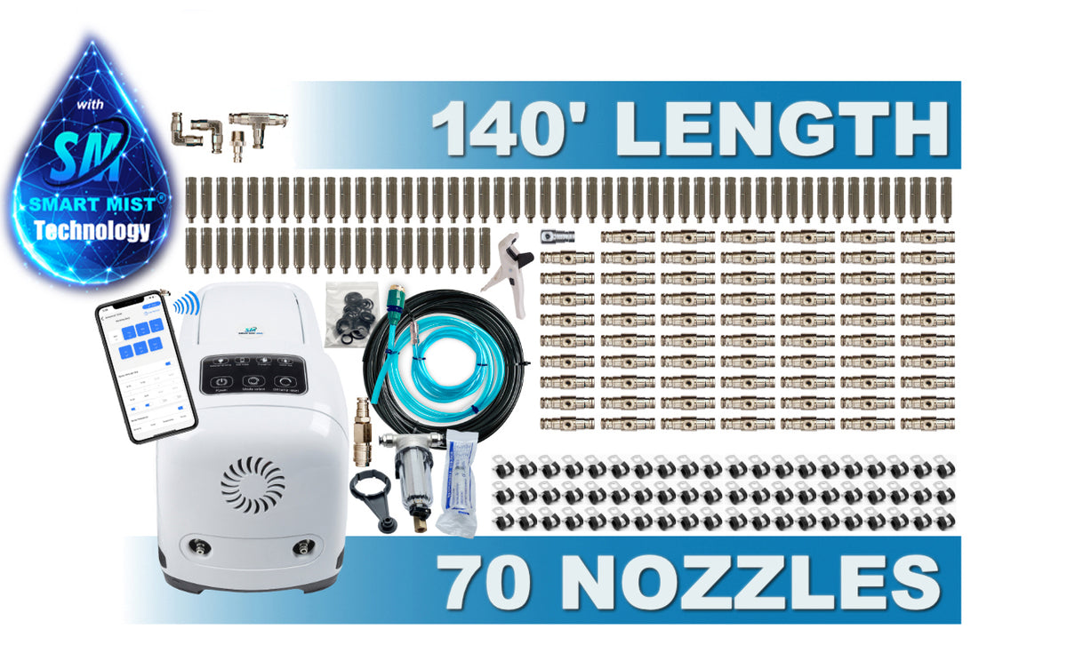 140&#39;-70 nozzle high pressure misting system w/app control. DIY misting system  Kit with optional stainless steel tubing