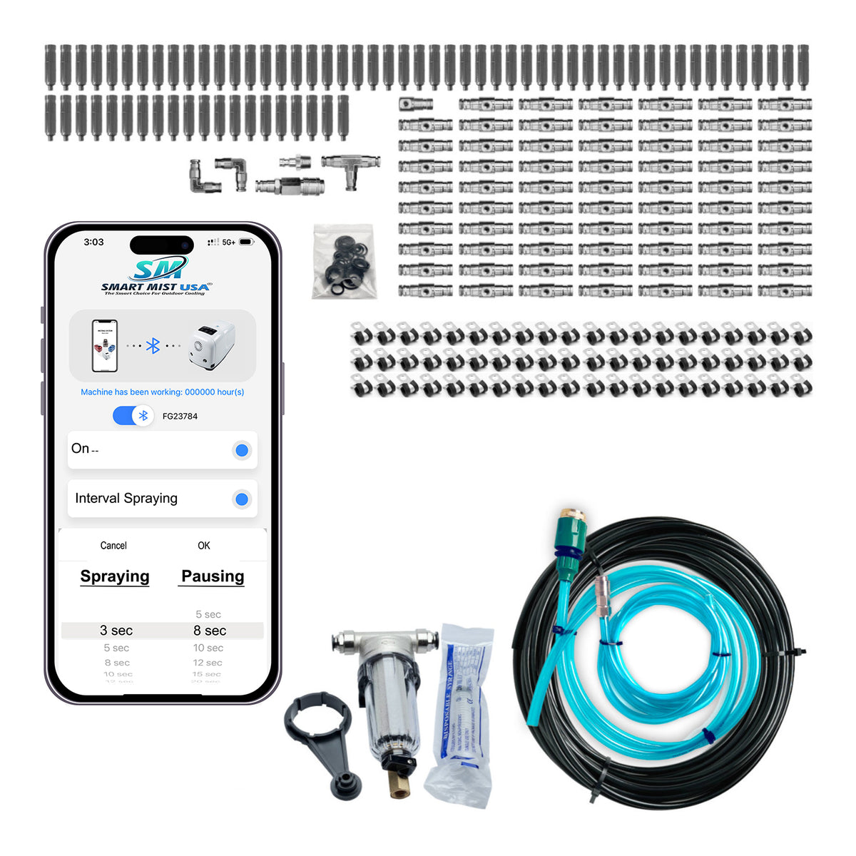 140&#39;-70 nozzle high pressure misting system w/app control. DIY misting system  Kit with optional stainless steel tubing