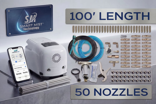 100 ft. - 50 nozzle high pressure misting system w/app control. DIY misting system  Kit with optional stainless steel tubing