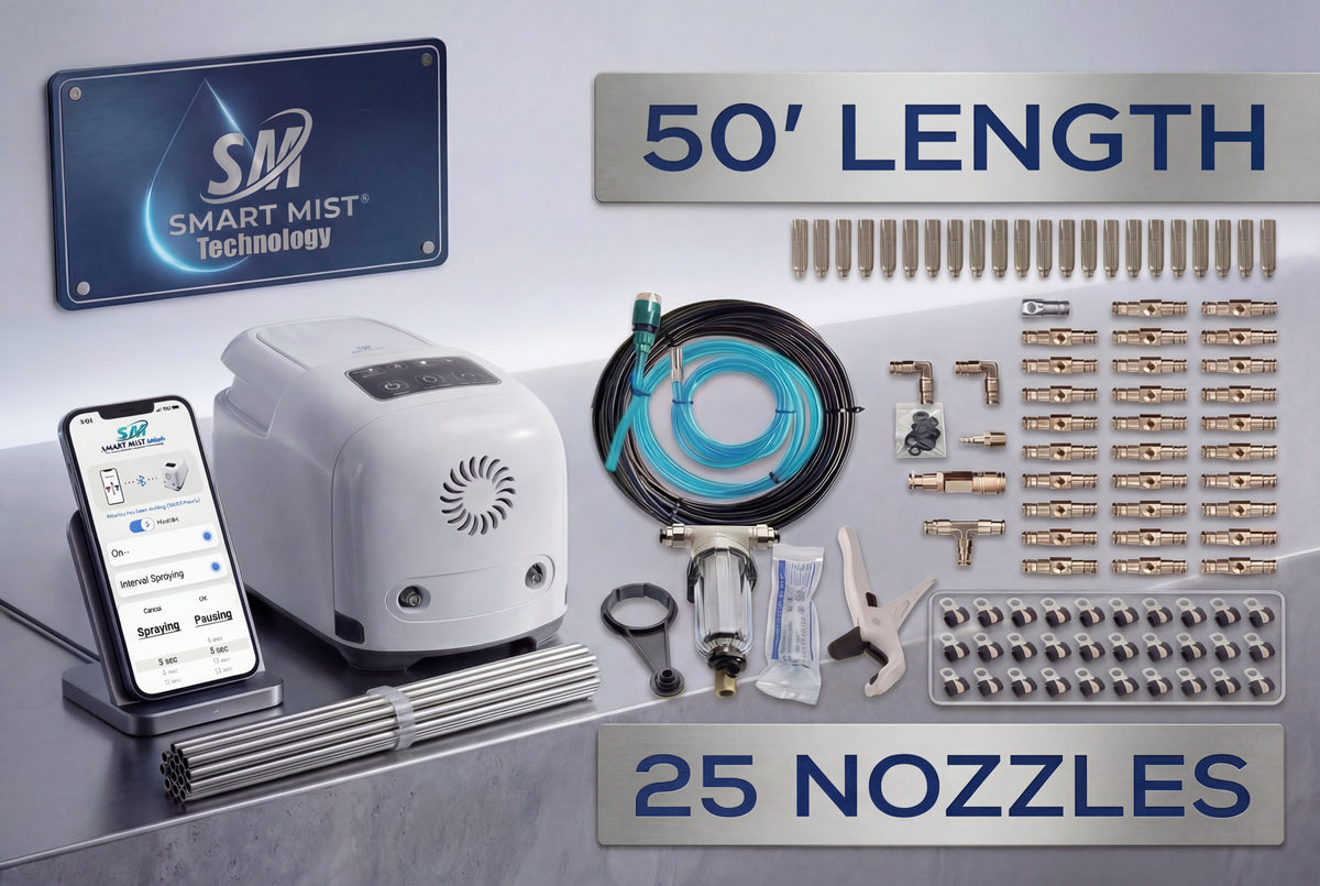 50 ft.- 25 Nozzle  high pressure misting system w/app control. DIY misting system Kit with optional stainless steel tubing.