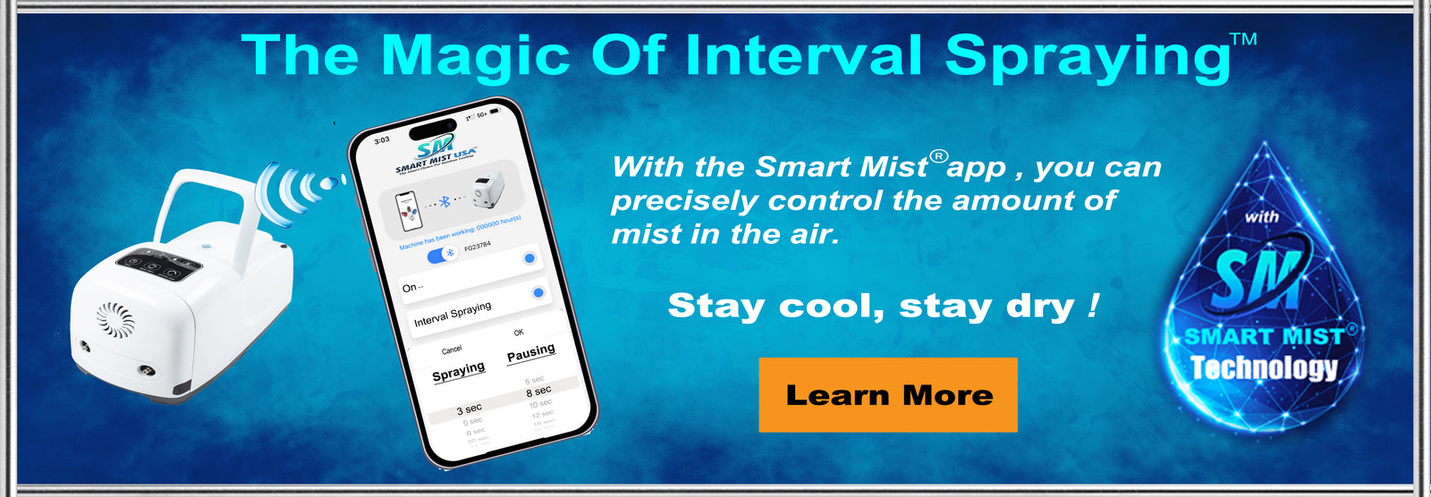 Smart Mist USA banner promoting interval spraying technology with mobile app control.