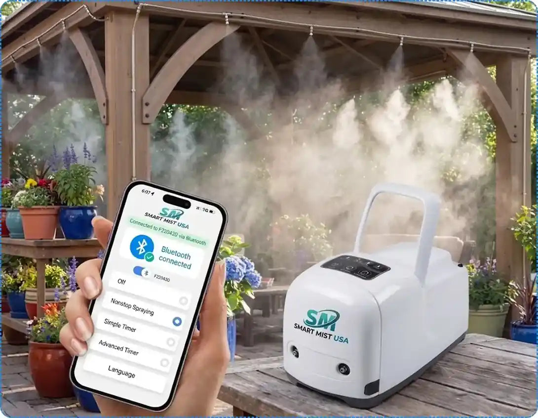 Smart Mist app screen showing interval spraying controls next to 1000 PSI misting pump