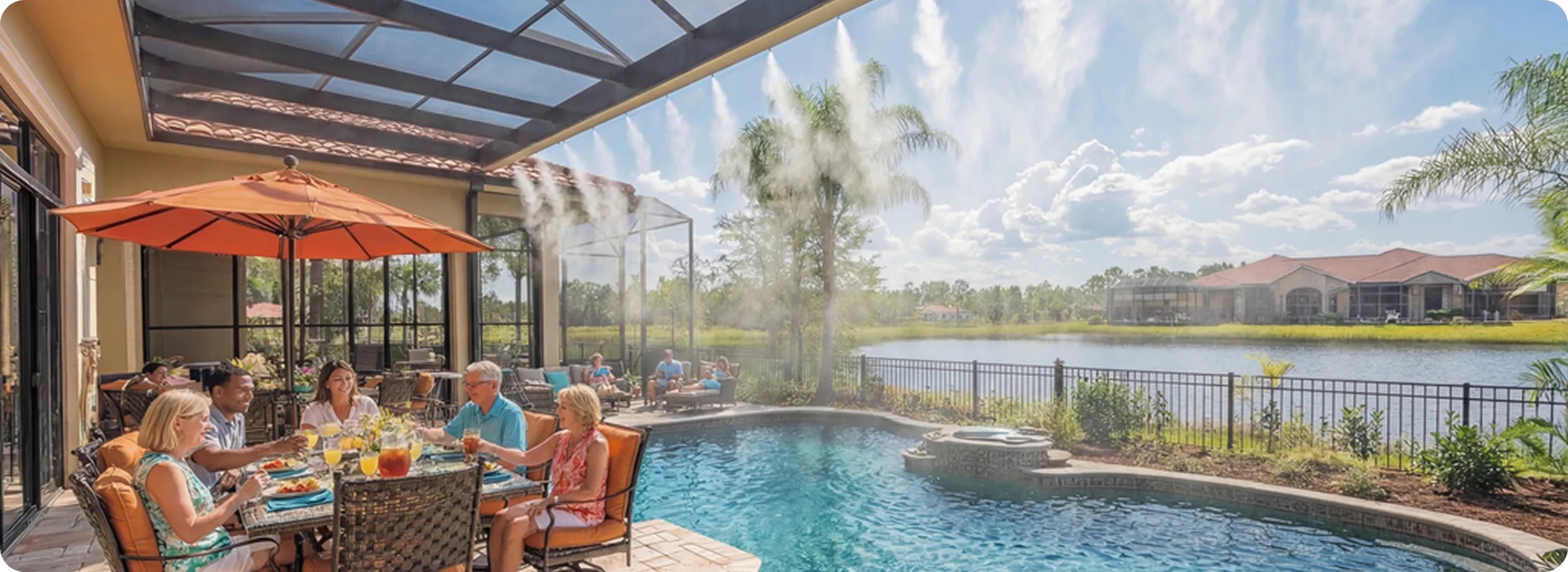 High pressure misting system cooling a covered poolside patio where a family enjoys outdoor dining with no-drip mist