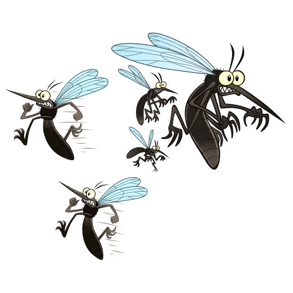 Cartoon mosquitoes appearing frightened and flying away.