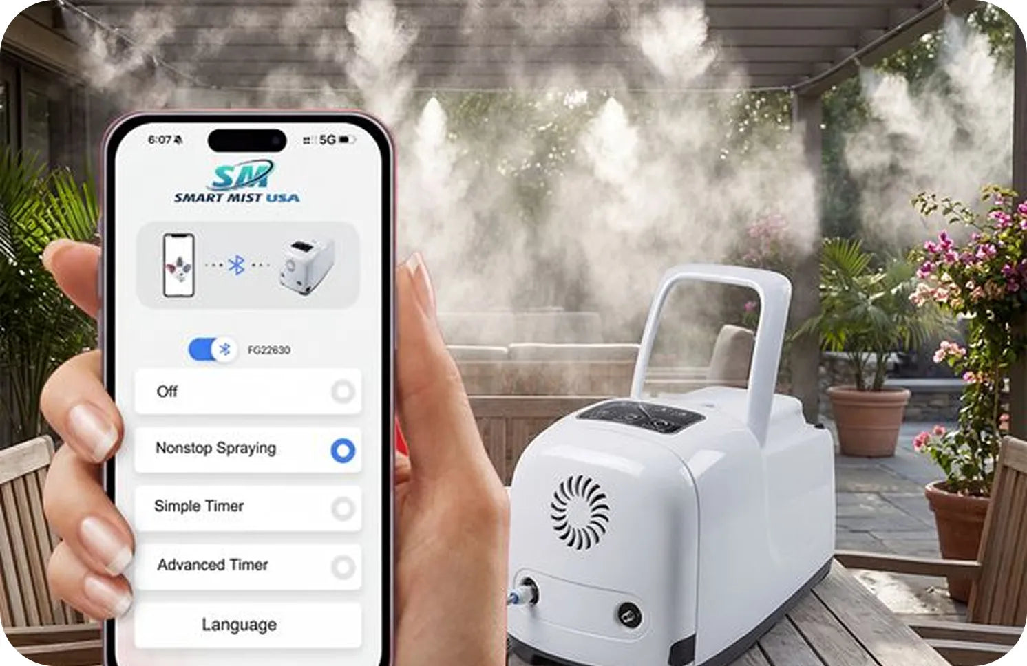 Smart Mist USA app showing interval spraying settings alongside a 1000 PSI high pressure misting pump on an outdoor deck.