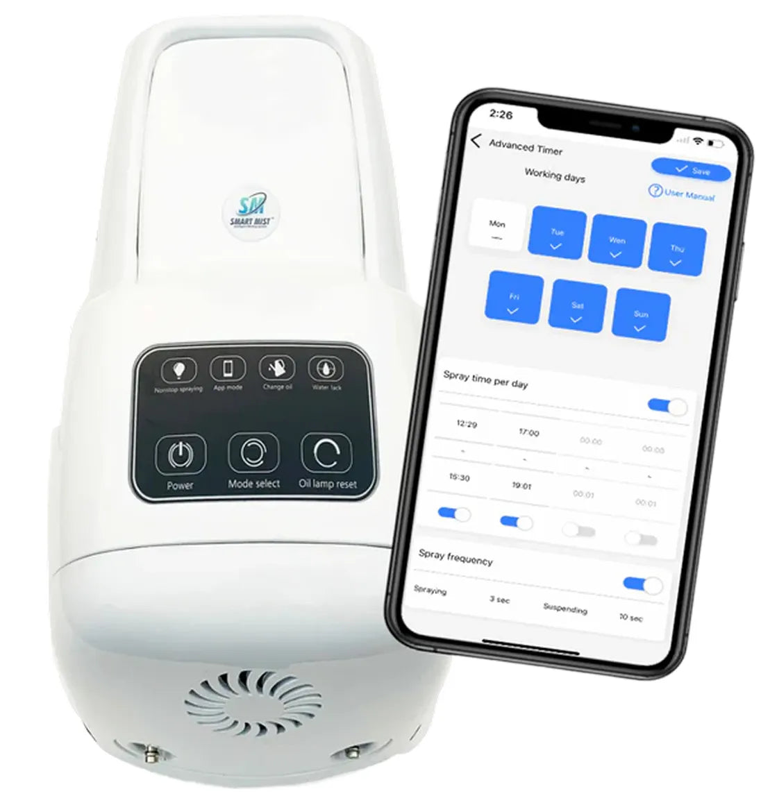 Smart Mist USA high pressure misting pump with remote control and smartphone app for spray frequency and timer settings